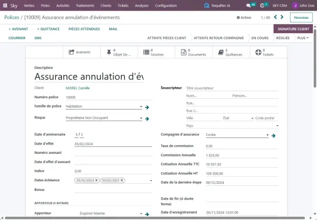 SKY CRM CRM interface for insurance companies in Africa, CIMA / ARCA compliance, SKY dashboards
